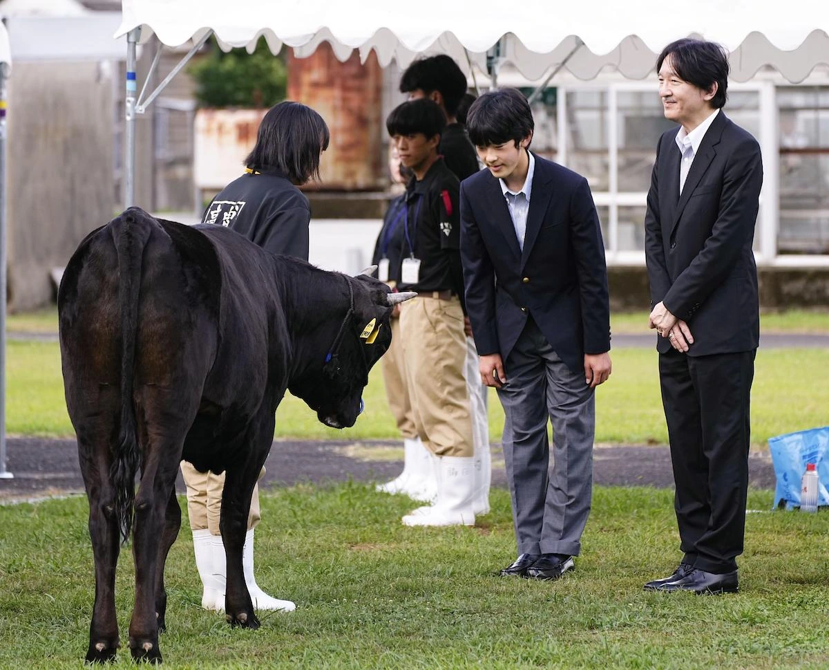 30. Juli 2023: Kronprinz Fumihito und sein Sohn Prinz Hisahito besuchen im Rahmen des High-School-Kulturfestival in Soo eine Farm. © picture alliance / Kyodo