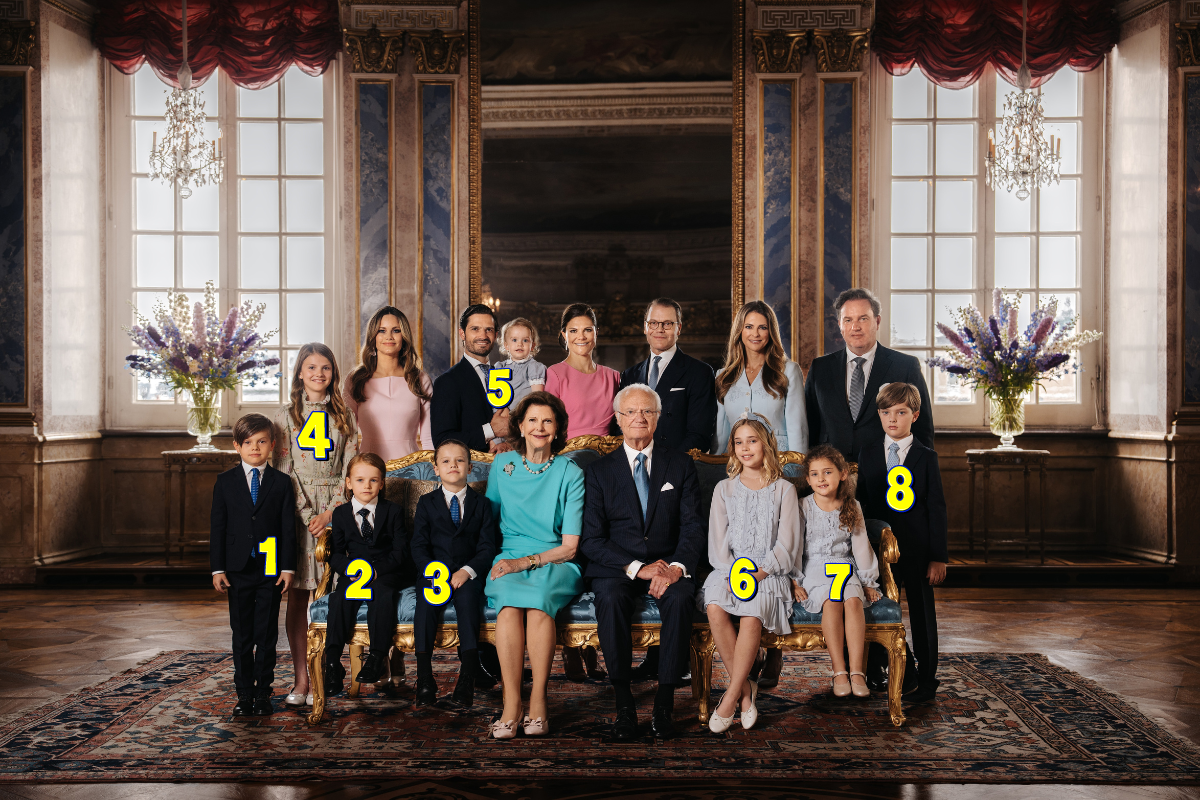 Die Enkelkinder von Königin Silvia und König Carl Gustaf. 1: Prinz Oscar, 2: Prinz Gabriel, 3: Prinz Alexander, 4: Prinzessin Estelle, 5: Prinz Julian, 6: Prinzessin Leonore, 7: Prinzessin Adrienne, 8: Prinz Nicolas. © Clément Morin/The Royal Court of Sweden